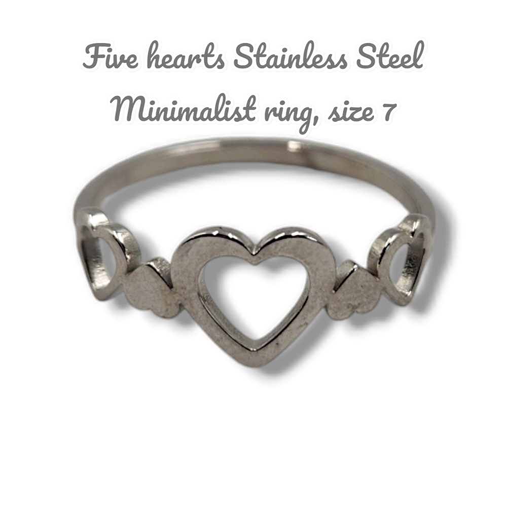 5 Hearts Stainless Steel Ring, size 7